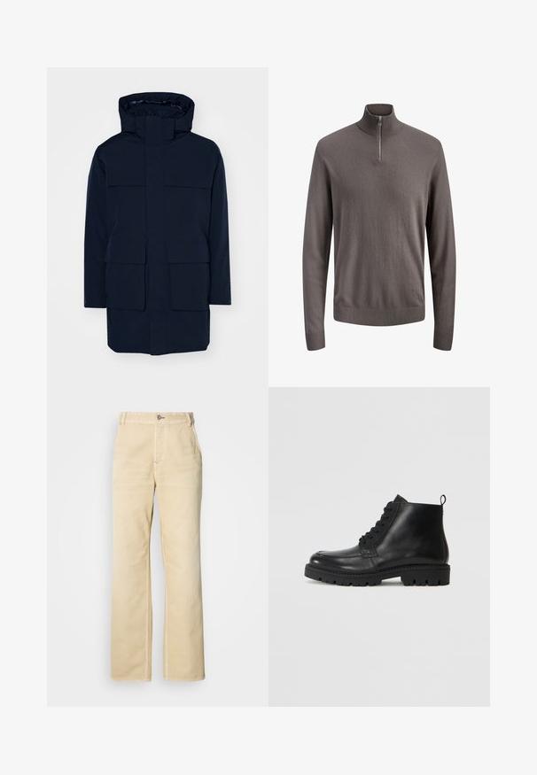 Parka à capuche bleu marine foncé avec une fermeture éclair sur le devant, quatre grandes poches à rabat et un col haut. Fabriqué en tissu lisse et résistant à l'eau.; Pull en maille taupe à manches longues avec col à fermeture éclair quart de zip et poignets et ourlet côtelés, présenté sur fond blanc.; Pantalon large couleur kaki en coton doux, avec une fermeture par un seul bouton, des poches avant et des coutures apparentes le long des coutures.; Bottines en cuir noir à bout rond, avec des lacets à l'avant et une semelle en caoutchouc texturée. Comprend une languette à l'arrière pour un enfilage facile.