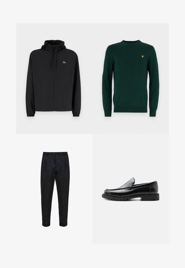 Mustmust jacket, millel näpsuga, kergest materjalist. Omab elastseid mansette ja väikest rohelist logo vasakul rinnal.; Roheline sõbralik materjalist kudum, millel on ümmargune kaelus ja pikad varrukad. Rinnal on silmapaistev väike kullast kotka logo.; Mustad püksid, mis on valmistatud siledast kangast, millel on volditud esiosa, kitsenev istuvus ja õmmeldud varrukad. Lihtne nööpkinnitus vööl.; Mustast nahast loafers, millel on robustne kummist tald, õmmeldud pealne ja reljeefsete tähtedega brändinimi kannal, külgvaates valgel taustal.