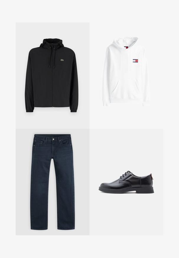 Čierna mikina na zips s kapucňou, vyrobená z ľahkého materiálu. Má elastické manžety a malú zelenú značku na ľavej hrudi.; Biela mikina vyrobená z jemnej látky, s prednou vreckom, kapucňou s šnúrkou a malou nášivkou v červenej, námorníckej a bielej farbe.; Tmavomodré rovné džínsy so zapínaním na gombík a zips vpredu, so slučkami na opasok a piatimi vreckami na svetlom pozadí.; Čierne kožené šnurovacie topánky s hladkou textúrou, zaoblenou špičkou a jemnými švami. Na päte je červené sťahovacie očko.