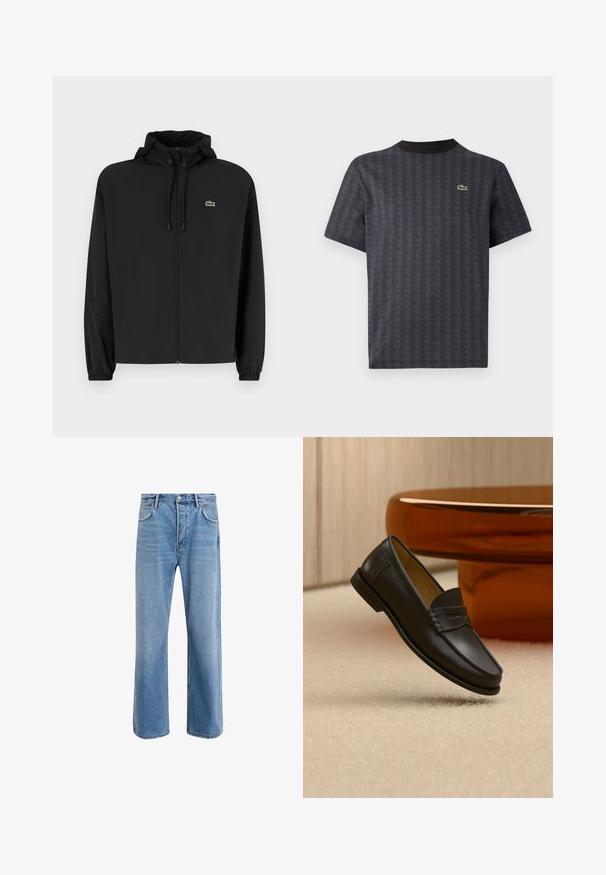 Mustmust jacket, millel näpsuga, kergest materjalist. Omab elastseid mansette ja väikest rohelist logo vasakul rinnal.; Must muströi muströi T-särk, millel on geomeetriline muster ja roheline krokodillilogos, ning sellel on kogu musta värvi ümar kaelus.; Heledad sinine teksapüksid otse lõikega, viie taskuga, nupuga sulgemine, minimaalne kulumine ja kontrastsed õmbluse detailid.; Mustast nahast loafer-tüüpi king ripub beežikal vaibal, taustal on merevaigu värvi moodne mööbel.