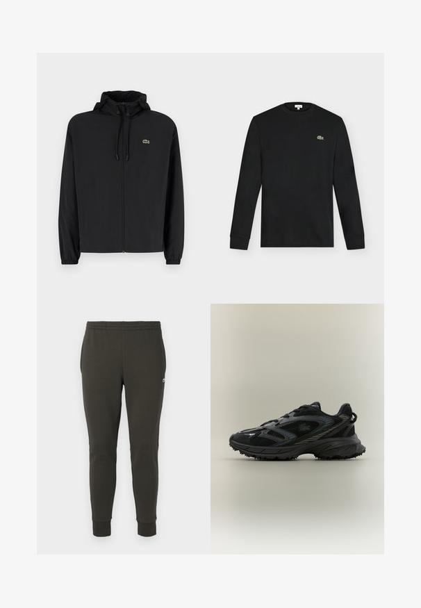 Zwarte zip-up jas met een capuchon, gemaakt van lichtgewicht materiaal. Heeft elastische manchetten en een klein groen logo op de linkerborst.; Zwart shirt met lange mouwen en ronde hals met klein groen krokodillogo op de linkerborst, afgebeeld tegen een effen lichte achtergrond.; Donkergroene joggingsbroek van zacht stof, met een elastische tailleband, geribde boorden en een klein logo op de zijkant.; Zwarte sportieve schoen met meshpanelen, een gestructureerde zool, veters en een gebogen silhouet met zilveren accenten aan de zijkanten.