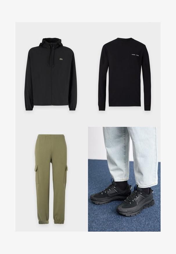 Veste noire à fermeture éclair avec capuche, fabriquée en matériau léger. Présente des poignets élastiques et un petit logo vert sur la poitrine gauche.; T-shirt noir à manches longues en coton, avec un col ras du cou et deux impressions blanches du logo "SAMSØE" sur la zone du côté gauche de la poitrine.; Pantalons cargo en tissu léger vert olive, dotés de poches latérales, d'une taille élastique et de poignets fuselés pour un ajustement parfait.; Des chaussures de sport noires avec un tissu texturé et des semelles en caoutchouc, dotées de lacets élastiques et d'un accent bleu au talon. Portées avec un pantalon en denim clair.