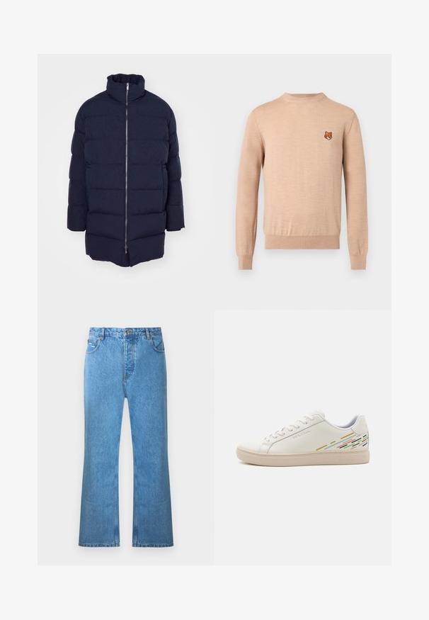 Marineblå pufferjakke med høj krave, lynlåslukning foran og quiltet design. Fremstillet af glat, polstret stof med sidelommer.; Beige langærmet crewneck sweater med ribkant ved ærmer og kant, med et lille orange rævehovedemblem på venstre bryst.; Lyseblå denim flared jeans med høj talje, fem lommer og diskrete falmninger. Har syningsdetaljer og knaplukning.; Hvide lædersneakers med en glat overflade, der har farverige linjemønstre på hælen og en beige gummisål.
