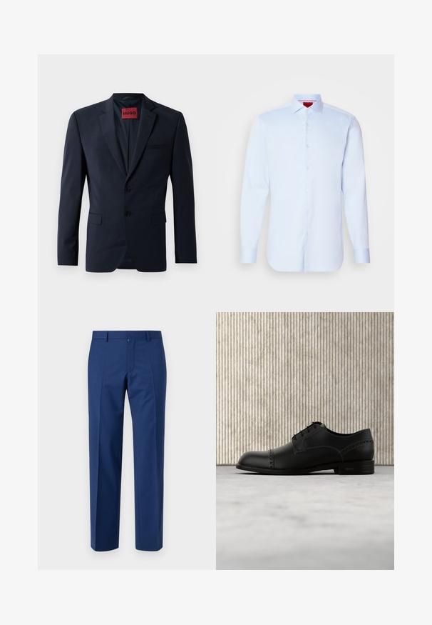 Marineblazer mit zwei Knöpfen, Reverskragen und Eingrifftaschen; innen mit rotem "HUGO"-Label ausgestattet. Glattes, strukturiertes Gewebe.; Helleblaue Langarmbluse mit Button-Down-Kragen, abgerundetem Saum und weißen Knöpfen. Glattes Material mit einem subtilen Glanz.; Marineblaue Hose mit gerade geschnittenem Bein, flachem Vorderteil, subtiler Textur, Gürtelschlaufen und Reißverschluss.; Schwarzer Leder-Herrenschuh mit glatter Oberfläche, abgerundeter Spitze und dekorativen Perforationen. Verfügt über fünf Schnürlöcher und eine flache Sohle.