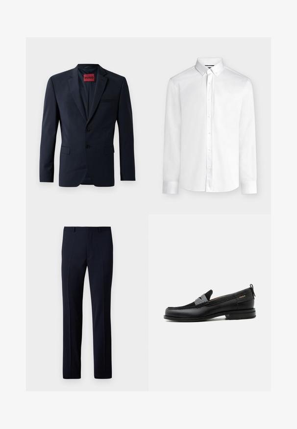 Marineblazer mit zwei Knöpfen, Reverskragen und Eingrifftaschen; innen mit rotem "HUGO"-Label ausgestattet. Glattes, strukturiertes Gewebe.; Weißes langärmeliges Hemd mit Knopfleiste, einem geknöpften Kragen und Standardmanschetten, dargestellt auf einem einfarbigen hellgrauen Hintergrund.; Marineblaue maßgeschneiderte Hose mit geradem Schnitt, ausgestattet mit zwei vorderen Falten und einer glatten Textur. Hergestellt aus leichtem Stoff.; Schwarzer Lederloafer mit grauem Riemendetail, niedrigem Absatz und strukturierter Sohle, seitlich mit „HUGO“ in Gold gebrandmarkt.