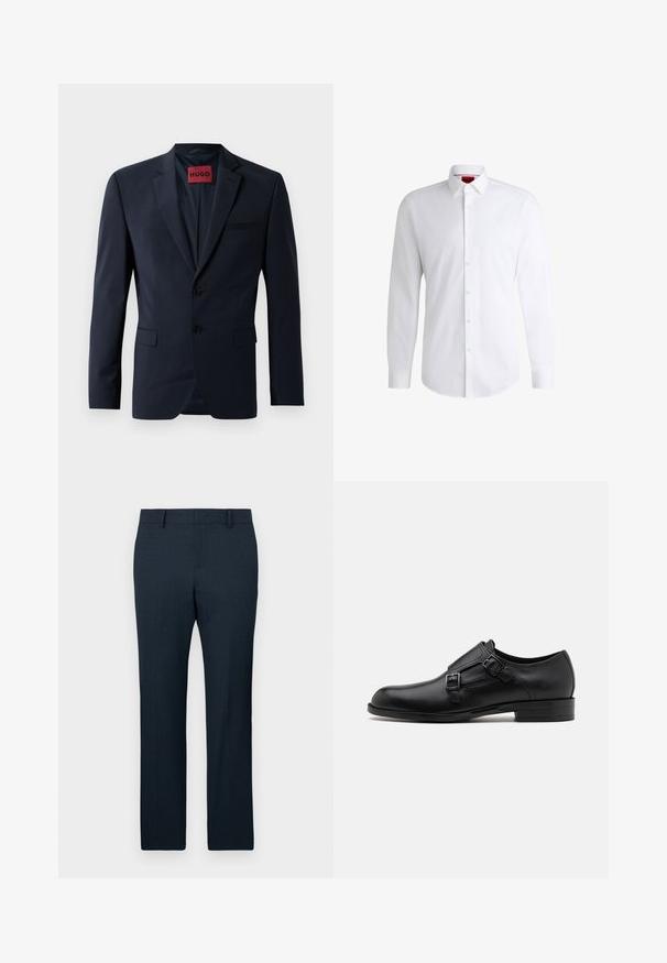 Marineblazer mit zwei Knöpfen, Reverskragen und Eingrifftaschen; innen mit rotem "HUGO"-Label ausgestattet. Glattes, strukturiertes Gewebe.; Weißes Herrenhemd aus glattem Stoff mit klassischem Kragen, langen Ärmeln und abgerundetem Saum. Mit eleganten beigen Knöpfen an der Vorderseite.; Marineblau maßgeschneiderte Hosen mit strukturiertem Stoff, geradem Bein und vorderen Falten. Mit Gürtelschlaufen und einem glatten Bund.; Schwarze Leder- Schnürschuhe mit doppelten Schnallen, schlanker Silhouette und runder Zehenpartie. Sie verfügen über einen niedrigen Absatz und eine glatte Textur.