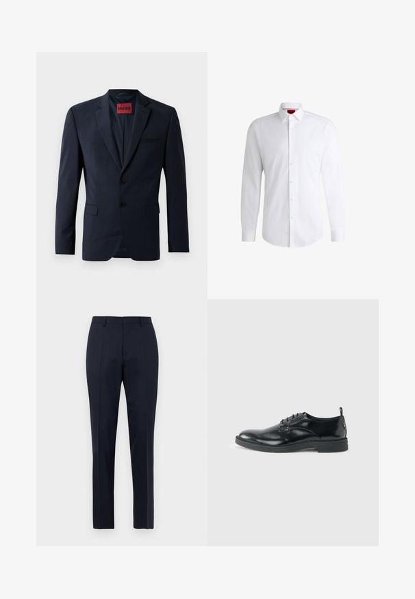 Marineblazer mit zwei Knöpfen, Reverskragen und Eingrifftaschen; innen mit rotem "HUGO"-Label ausgestattet. Glattes, strukturiertes Gewebe.; Weißes Herrenhemd aus glattem Stoff mit klassischem Kragen, langen Ärmeln und abgerundetem Saum. Mit eleganten beigen Knöpfen an der Vorderseite.; Marineblaue, maßgeschneiderte Herrenhosen mit subtilen Karomuster, Gürtelschlaufen und Bügelfalte, frontal auf weißem Hintergrund präsentiert.; Glänzender schwarzer Lederschuh mit niedrigem Absatz, Schnürverschluss und runder Kappe, seitlich auf hellem, schlichten Hintergrund gezeigt.