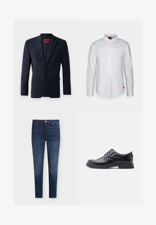 Marineblazer mit zwei Knöpfen, Reverskragen und Eingrifftaschen; innen mit rotem "HUGO"-Label ausgestattet. Glattes, strukturiertes Gewebe.; Weiße Langarmbluse mit Button-Down-Kragen, aus leichtem Stoff gefertigt. Enthält ein dezentes Markenetikett in rot an der unteren Seite.; Dunkelblaue Slim-Fit-Jeans mit Fronttaschen, Gürtelschlaufen, Knopfverschluss und dezentem Verblassen an Oberschenkeln und Knien.; Schwarze Leder-Schnürschuhe mit glatter Textur, rundem Zehenbereich und dezenten Ziernähten. Mit einem roten Laschenband an der Ferse.