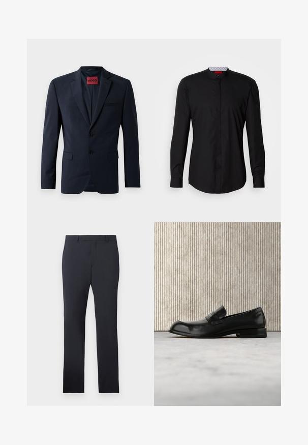 Marineblazer met twee knopen, notch-revers en zijzakken; heeft een rode "HUGO" label aan de binnenkant. Glad, gestructureerd stof.; Zwart shirt met lange mouwen en een mandarijnkraag, gemaakt van een gladde stof, met een knoopsluiting aan de voorkant en subtiele designdetails.; Navy formele broek van gladde stof. Kenmerken een flat front, riemlussen en zijzakken, met een op maat gemaakte rechte pasvorm.; Zwarte leren loafer met metalen accent, zwevend weergegeven boven een beige tapijt, met een ronde, amberkleurige tafel op de achtergrond.