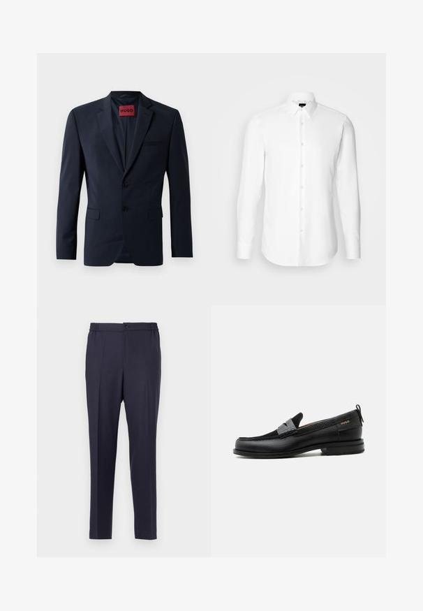 Marineblazer mit zwei Knöpfen, Reverskragen und Eingrifftaschen; innen mit rotem "HUGO"-Label ausgestattet. Glattes, strukturiertes Gewebe.; Weißes Langarmhemd, vorne mit Knöpfen, klassischer Kragen, aus glattem Stoff mit feiner Textur, für eine figurnahe Passform entworfen.; Navyblaue Hose mit flacher Front, elastischem Bund und Knopfverschluss. Gerader Schnitt und glatte Textur, geeignet für formelle oder legere Anlässe.; Schwarzer Lederloafer mit grauem Riemendetail, niedrigem Absatz und strukturierter Sohle, seitlich mit „HUGO“ in Gold gebrandmarkt.