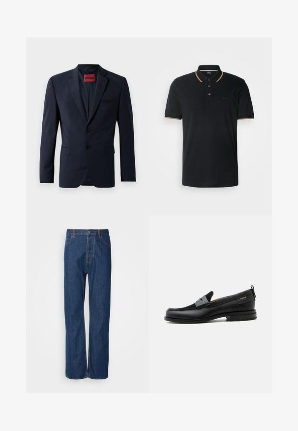 Marineblazer met twee knopen, notch-revers en zijzakken; heeft een rode "HUGO" label aan de binnenkant. Glad, gestructureerd stof.; Zwarte poloshirt gemaakt van gestructureerde stof, met een kraag met tan accents, drie knopen en een subtiele logo op de borst.; Blauwe denim jeans met een recht gesneden ontwerp, voorzien van een knoopsluiting, vijf zakken en contrasterende stiksels langs de naden.; Zwarte leren loafer met grijs riemdetailelement, lage hak en gestructureerde zool, aan de zijkant gebrandmerkt met "HUGO" in goud.