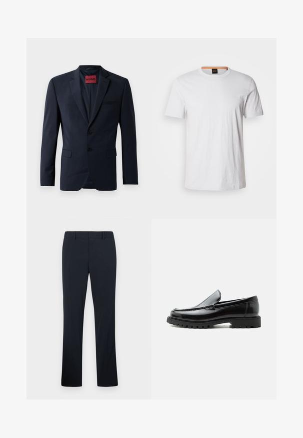 Blazer azul marino con dos botones, solapas de muesca y bolsillos laterales; cuenta con una etiqueta roja "HUGO" en el interior. Tela suave y estructurada.; Camiseta de manga corta blanca hecha de suave algodón, con un cuello redondo y un sutil detalle de logo en blanco a juego en la parte delantera.; Pantalones de vestir negros de corte recto para hombre con trabillas para cinturón y cremallera frontal, mostrados sobre un fondo claro y liso.; Mocasín de cuero negro con suela de goma gruesa, empeine cosido y nombre de la marca en relieve en el talón, mostrado en perfil lateral sobre fondo blanco.