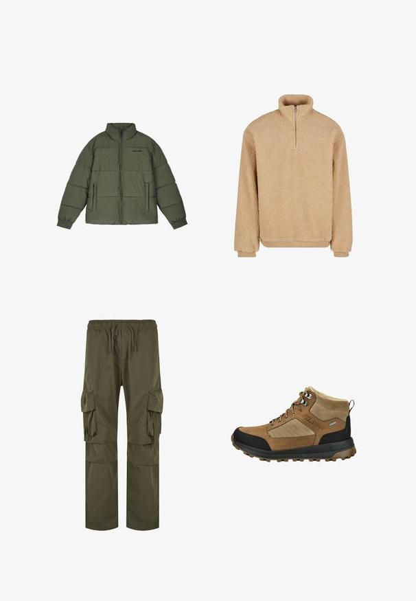 Oliivivihreä toppatakki korkealla kauluksella, etuvetoketjulla ja kahdella sivutaskulla. Sisältää ommeltuja paneeleita ja ribbikudottuja hihansuita lämpöä varten.; Beige fleece-neule, jossa on korkea kaulus ja puoli vetoketju. Ominaisuuksina pehmeä, teksturoitu pinta sekä joustavat hihansuut ja helma.; Vihreät k cargo-housut, joissa on joustava vyötärö nauhalla, useita sivutaskuja ja löysä istuvuus pleat-tyylillä.; Ruskeat ja beige vaelluskengät mustalla pohjalla, metalliset silmukat, pehmustettu nilkkareuna, brändätty sivu ja vetoketju kantapäässä.