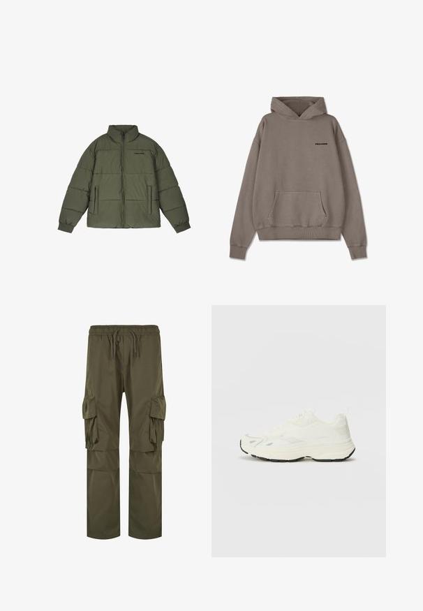 Olijf groene pufferjack met een hoge kraag, voorzijde rits en twee zijzakken. Heeft gestikte panelen en ribbelmanchetten voor extra warmte.; Bruine hoodie made of soft fabric, met een kangoeroezak en ribgebreide cuffs. Zwart "PEGADOR" logo op de voorkant.; Olijfgroene cargobroek met een elastische tailleband met koord, meerdere zijzakken en een losse pasvorm met geplooide details.; Maison Kitsuné SORA RUNNERS - Sneakers laag - white