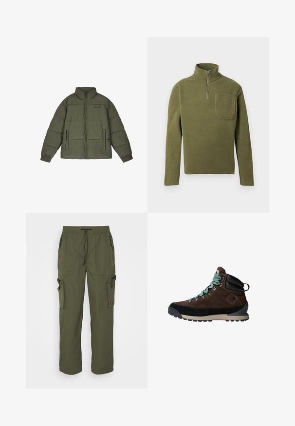 Doudoune vert olive avec un col montant, fermeture éclair sur le devant et deux poches latérales. Présente des panneaux cousus et des poignets côtelés pour plus de chaleur.; Pull en polaire vert olive avec un col zippé à mi-hauteur, des manches longues et une poche sur la poitrine. Texture douce avec un design durable.; Pantalons cargo vert olive en tissu léger, avec une taille élastique, un système de fermeture à cordon, et plusieurs poches zippées.; Botte de randonnée brune avec une tige en daim, accents noirs et lacets turquoise. Dotée d'une semelle robuste et d'un soutien de cheville renforcé.