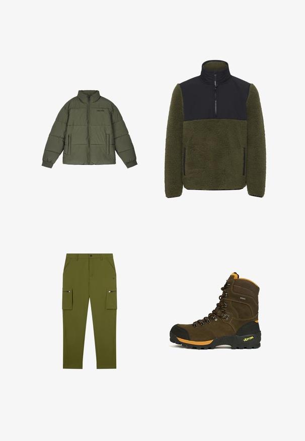 Olijf groene pufferjack met een hoge kraag, voorzijde rits en twee zijzakken. Heeft gestikte panelen en ribbelmanchetten voor extra warmte.; Fleece pullover in olijfgroen met een zwart nylon borstpaneel. Kenmerken zijn een hoge kraag, een halve rits en zijzakken.; Olijf groene cargobroek met een rechte pasvorm, gemaakt van lichtgewicht stof; heeft zijzakken met ritsen en schuine voorkzakken.; Bruine hoge wandelschoen met zwarte neuskap, oranje accenten, robuuste Vibram-zool en zwart-oranje veters.