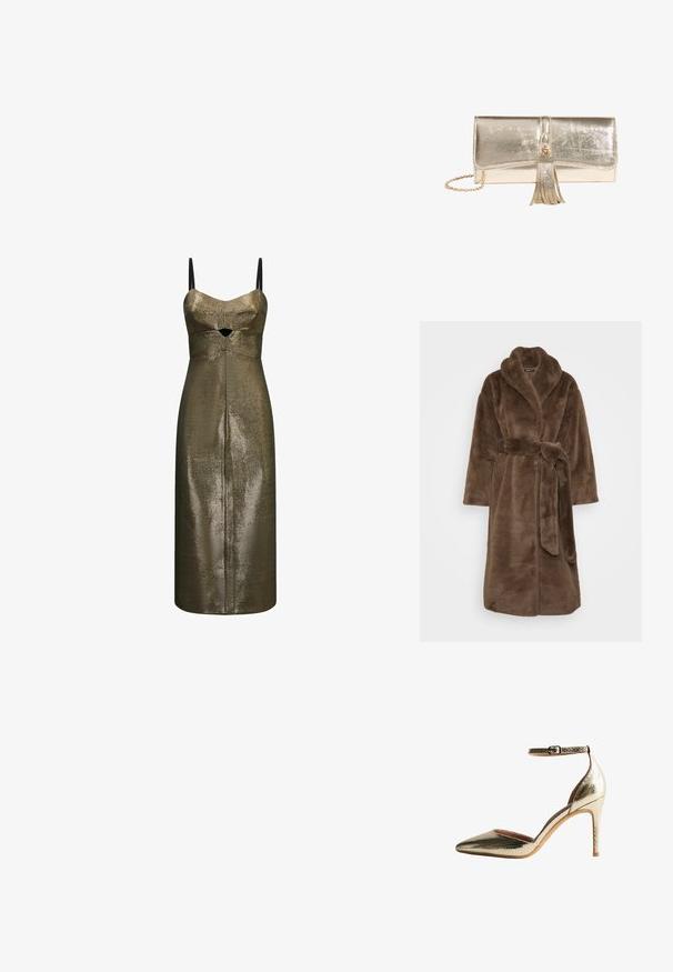 Brun badekåbe i imiteret pels med sjalskrave, lange ærmer, bindebånd i taljen og sidelommer. Blød tekstur og midt-længde design.; Metalisk bronze midi-kjole med tynde sorte stropper og et lille frontudskæring under brystet i et tekstureret stof.; Guldteksturerede højhælede pumps med spids tå og ankelrem. Har en glat inderside og en slank stilettohæl.; Skinnende metalklutch i guld med flaplukning, dekorativ kvast og guld kæderem på hvid baggrund.