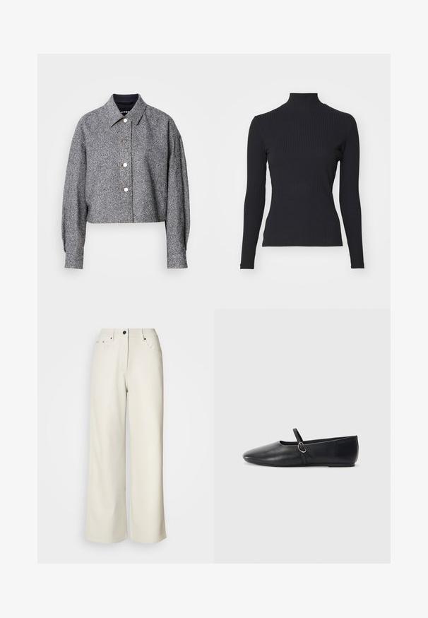 Kurze graue Jacke aus strukturiertem Stoff mit einem dezenten Muster; verfügt über einen spitzen Kragen, lange Ärmel und silberne Druckknöpfe.; Schwarzes, geripptes Rollkragenoberteil mit langen Ärmeln. Aus dehnbarem Stoff mit figurbetonter Passform und hohem Kragen. Einfaches Design ohne Verzierungen.; Cremefarbene weit geschnittene Hose aus glattem Stoff. Sie hat eine mittlere Leibhöhe, einen Reißverschluss und zwei vordere Taschen mit schwarzen Hardware-Elementen.; Schwarze Leder-Ballettschuhe mit spitzem Schuhzeug, flacher Sohle und einem kleinen Riemen mit silberner Schnalle.