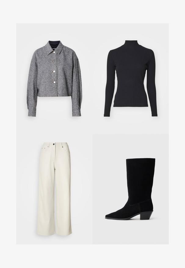 Kurze graue Jacke aus strukturiertem Stoff mit einem dezenten Muster; verfügt über einen spitzen Kragen, lange Ärmel und silberne Druckknöpfe.; Schwarzes, geripptes Rollkragenoberteil mit langen Ärmeln. Aus dehnbarem Stoff mit figurbetonter Passform und hohem Kragen. Einfaches Design ohne Verzierungen.; Cremefarbene weit geschnittene Hose aus glattem Stoff. Sie hat eine mittlere Leibhöhe, einen Reißverschluss und zwei vordere Taschen mit schwarzen Hardware-Elementen.; Schwarze Wildleder Stiefelette mit spitzer Zehe, mittelhohem Schaft und einem chunky Absatz. Verfügt über minimale Nähte und eine glatte Textur.