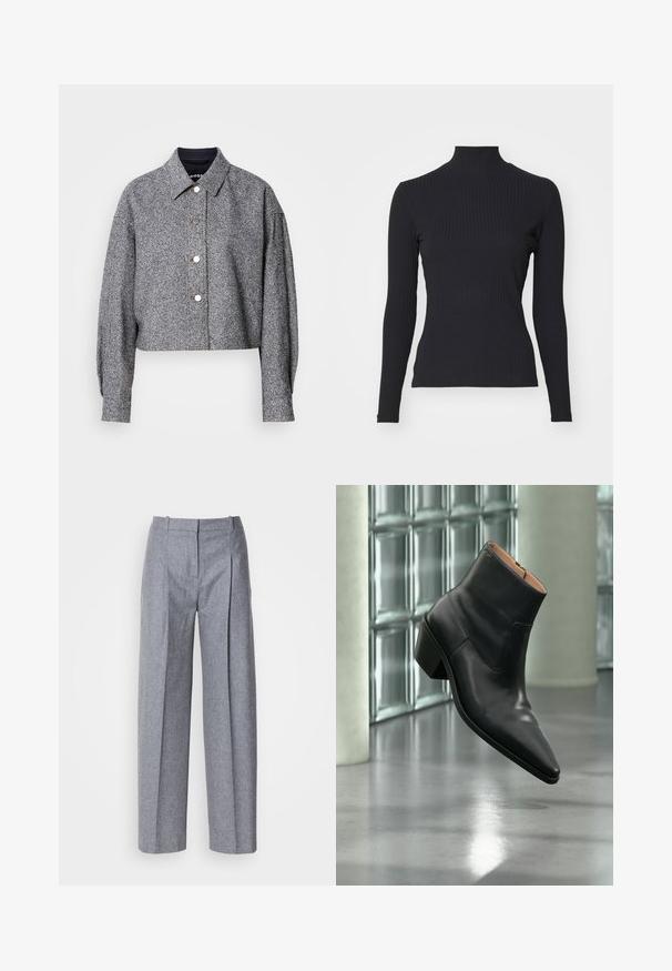 Chaqueta gris recortada hecha de una tela texturizada con un patrón sutil; presenta un cuello puntiagudo, mangas largas y botones a presión plateados.; Top negro de cuello alto con costillas y mangas largas. Fabricado con una tela elástica con forma ajustada y cuello alto. Diseño simple sin adornos.; Pantalones de pierna ancha color gris claro con una tela texturizada, que presentan pliegues en la parte delantera y una cintura entallada. Diseño minimalista, sin herrajes visibles.; Botín de piel negra con puntera puntiaguda y tacón cuadrado que levita sobre un suelo gris reflectante cerca de una pared de bloques de cristal.