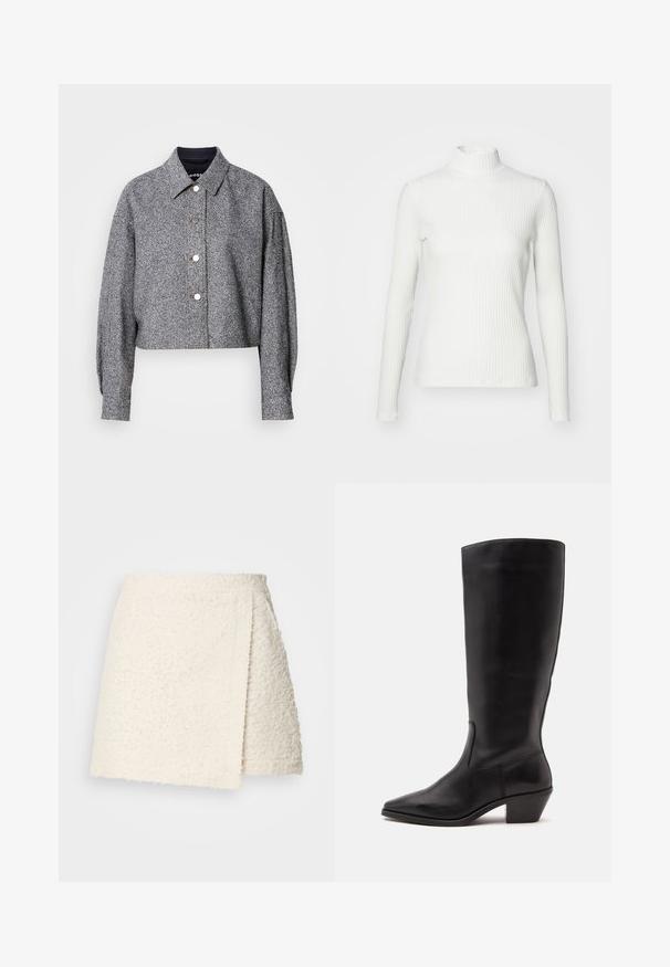 Chaqueta gris recortada hecha de una tela texturizada con un patrón sutil; presenta un cuello puntiagudo, mangas largas y botones a presión plateados.; Top de cuello alto blanco con canalé y mangas largas, fabricado en una tela elástica. Presenta un diseño ajustado y un escote alto para mayor cobertura.; Minifalda de tela texturizada color crema con delantero envuelto asimétrico y cinturilla recta sobre un fondo liso.; Bota de cuero negra hasta la mitad de la pantorrilla con puntera puntiaguda y tacón bajo inclinado sobre un fondo claro y liso.