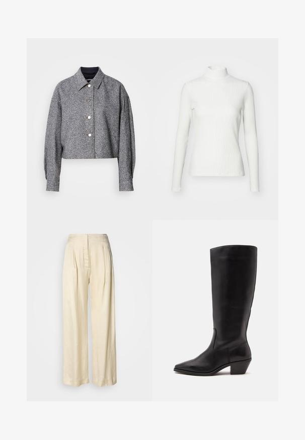 Chaqueta gris recortada hecha de una tela texturizada con un patrón sutil; presenta un cuello puntiagudo, mangas largas y botones a presión plateados.; Top de cuello alto blanco con canalé y mangas largas, fabricado en una tela elástica. Presenta un diseño ajustado y un escote alto para mayor cobertura.; Pantalones de seda crema de tiro alto con pliegues, piernas anchas y cierre frontal oculto con cremallera sobre un fondo blanco liso.; Bota de cuero negra hasta la mitad de la pantorrilla con puntera puntiaguda y tacón bajo inclinado sobre un fondo claro y liso.