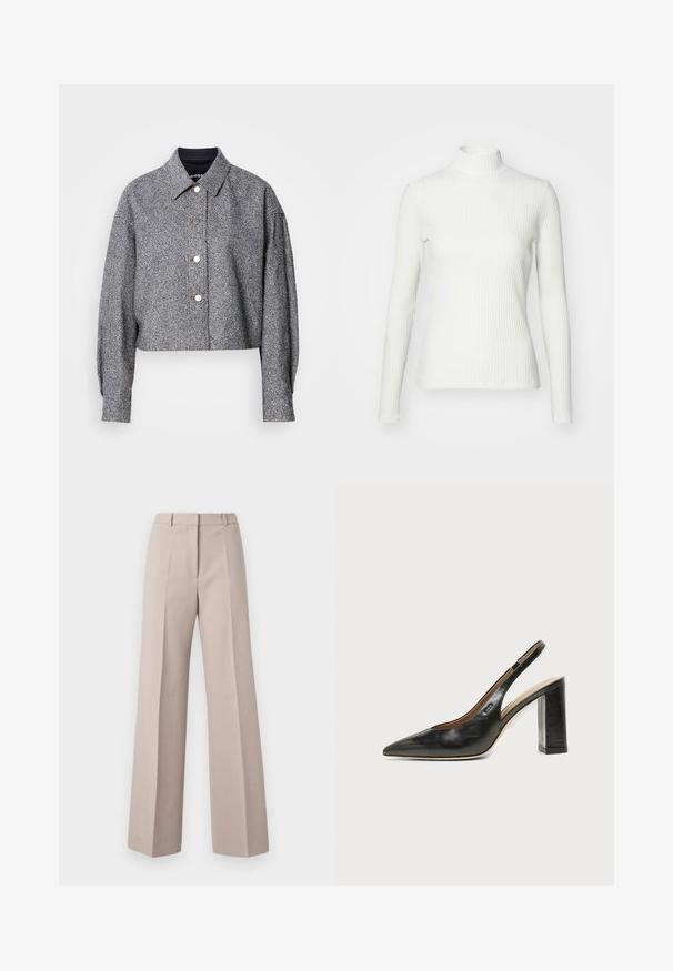 Afklippet grå jakke lavet af struktureret stof med et diskret mønster; har spidse kraver, lange ærmer og sølvfarvede trykknapper.; Hvid ribbet turtleneck blouse med lange ærmer, lavet af elastisk stof. Har et tætsiddende design og høj hals for god dækning.; Beige vide bukser lavet af et glat stof, med høj talje, forkantede folder og en skræddersyet silhuet.; Sort læder peep-toe slingback sko med høj blokhæl og beige indvendig foring mod en ensfarvet lys baggrund.