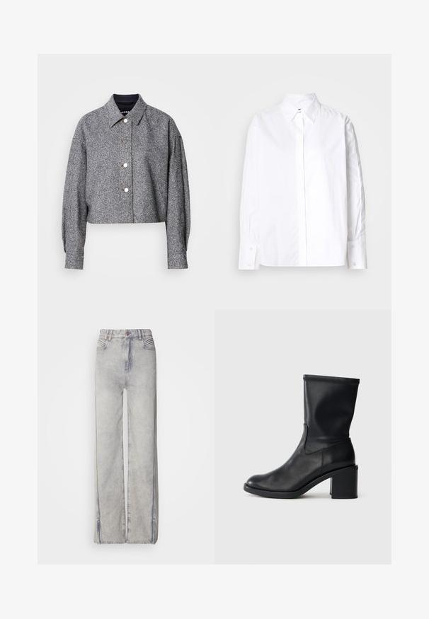 Chaqueta gris recortada hecha de una tela texturizada con un patrón sutil; presenta un cuello puntiagudo, mangas largas y botones a presión plateados.; Camisa blanca de botón con cuello clásico, mangas largas y puños abotonados. Fabricada con una tela suave, presenta una tapeta en el centro delantero.; Jeans de pierna ancha en azul claro, fabricados en denim con un lavado desgastado, que cuentan con un cierre de cremallera, cinco bolsillos y costuras en contraste.; Botín negro de cuero hasta el tobillo con punta redonda, textura suave y tacón grueso, que presenta un eje ajustado y un sutil detalle de costura.