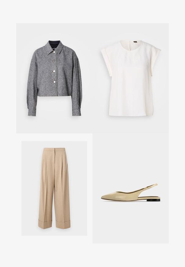 Veste grise courte en tissu texturé avec un motif subtil ; comporte un col pointu, des manches longues et des boutons-pression argentés.; Blouse blanche à manches courtes avec encolure ronde et coupe ample, avec une petite étiquette noire et orange au dos du col.; Pantalon beige à jambes larges, taille haute, plis devant et larges revers à l'ourlet, présenté sur fond blanc.; Chaussure plate beige à bout pointu avec bride arrière, petit talon noir et finition en cuir lisse, vue de côté sur un fond uni.