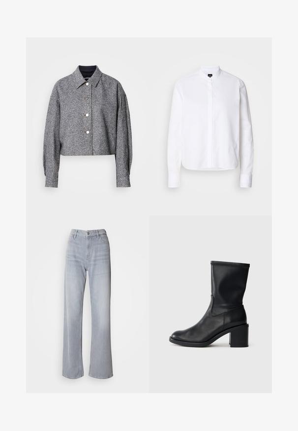 Chaqueta gris recortada hecha de una tela texturizada con un patrón sutil; presenta un cuello puntiagudo, mangas largas y botones a presión plateados.; Camisa blanca de cuello con pliegue frontal, de mangas largas y puños con botón. Fabricada en un suave tejido de algodón con un corte estructurado.; Jeans de pernera ancha en gris claro, con cintura alta, hechos de denim. Presentan bolsillos frontales, cremallera y un leve desvanecimiento por toda la prenda.; Botín negro de cuero hasta el tobillo con punta redonda, textura suave y tacón grueso, que presenta un eje ajustado y un sutil detalle de costura.