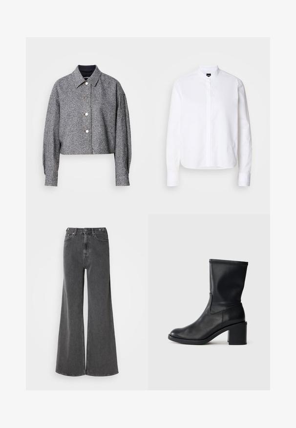 Chaqueta gris recortada hecha de una tela texturizada con un patrón sutil; presenta un cuello puntiagudo, mangas largas y botones a presión plateados.; Camisa blanca de cuello con pliegue frontal, de mangas largas y puños con botón. Fabricada en un suave tejido de algodón con un corte estructurado.; Vaqueros de pierna ancha en denim negro desgastado, con una cintura alta, dos bolsillos frontales y cierres de botón metálico. Textura suave, detalles mínimos.; Botín negro de cuero hasta el tobillo con punta redonda, textura suave y tacón grueso, que presenta un eje ajustado y un sutil detalle de costura.