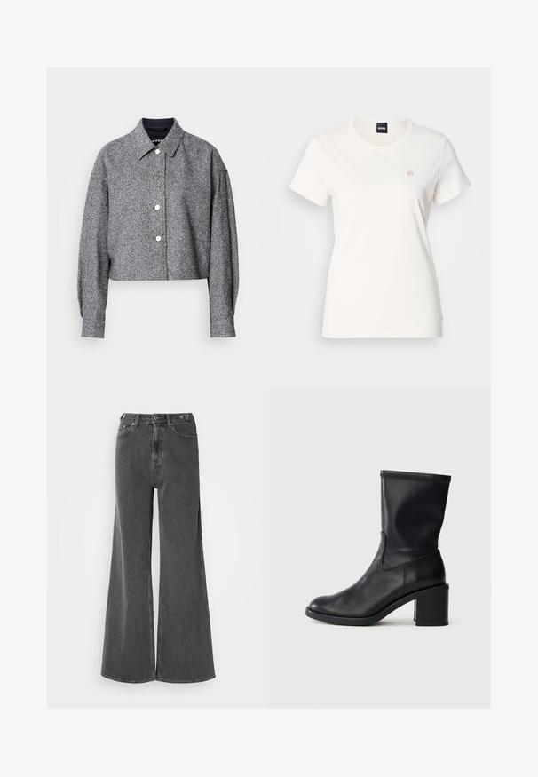 Chaqueta gris recortada hecha de una tela texturizada con un patrón sutil; presenta un cuello puntiagudo, mangas largas y botones a presión plateados.; Camiseta blanca de algodón con cuello redondo y mangas cortas. Cuenta con un pequeño logo bordado en el pecho. Textura suave.; Vaqueros de pierna ancha en denim negro desgastado, con una cintura alta, dos bolsillos frontales y cierres de botón metálico. Textura suave, detalles mínimos.; Botín negro de cuero hasta el tobillo con punta redonda, textura suave y tacón grueso, que presenta un eje ajustado y un sutil detalle de costura.