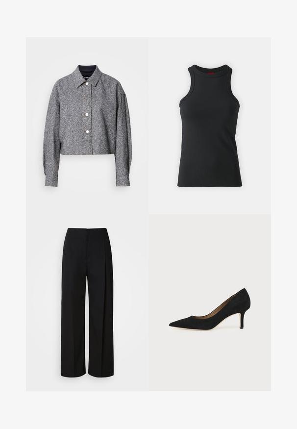 Kurze graue Jacke aus strukturiertem Stoff mit einem dezenten Muster; verfügt über einen spitzen Kragen, lange Ärmel und silberne Druckknöpfe.; Schwarzes ärmelloses Top aus dehnbarem Material. Mit Rundhalsausschnitt und taillierter Silhouette sowie minimalistischen Nähdetails.; Schwarze, hoch taillierte, weit geschnittene Hosen mit einer verdeckten Vorderseite, maßgeschneiderten Nähten und einem glatten, strukturierten Stoff.; Schwarzer Wildleder-Pumps mit spitzer Schuhspitze, schlankem mittelhohem Stiletto-Absatz und tiefem Ausschnitt auf einfachem Hintergrund.
