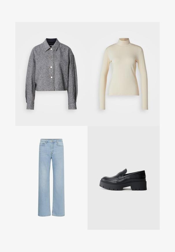 Chaqueta gris recortada hecha de una tela texturizada con un patrón sutil; presenta un cuello puntiagudo, mangas largas y botones a presión plateados.; Top de manga larga de color crema con cuello alto, hecho de una tela suave y elástica; diseño ajustado con cuello alto y sin patrones o acentos visibles.; Pantalones vaqueros de pierna ancha en azul claro con cierre frontal de botón y cremallera, y diseño de cinco bolsillos, mostrados sobre fondo blanco.; Mocasín negro con plataforma gruesa, parte superior de cuero suave, tira decorativa y suela gruesa texturizada sobre fondo blanco.