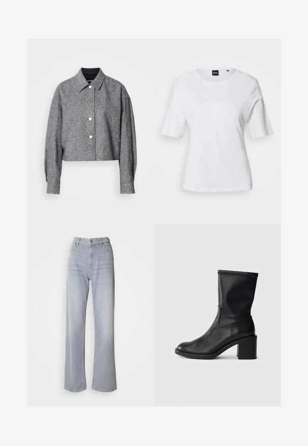Chaqueta gris recortada hecha de una tela texturizada con un patrón sutil; presenta un cuello puntiagudo, mangas largas y botones a presión plateados.; Camiseta blanca de manga corta con cuello redondo, corte ajustado y una pequeña etiqueta negra de BOSS en el cuello.; Jeans de pernera ancha en gris claro, con cintura alta, hechos de denim. Presentan bolsillos frontales, cremallera y un leve desvanecimiento por toda la prenda.; Botín negro de cuero hasta el tobillo con punta redonda, textura suave y tacón grueso, que presenta un eje ajustado y un sutil detalle de costura.