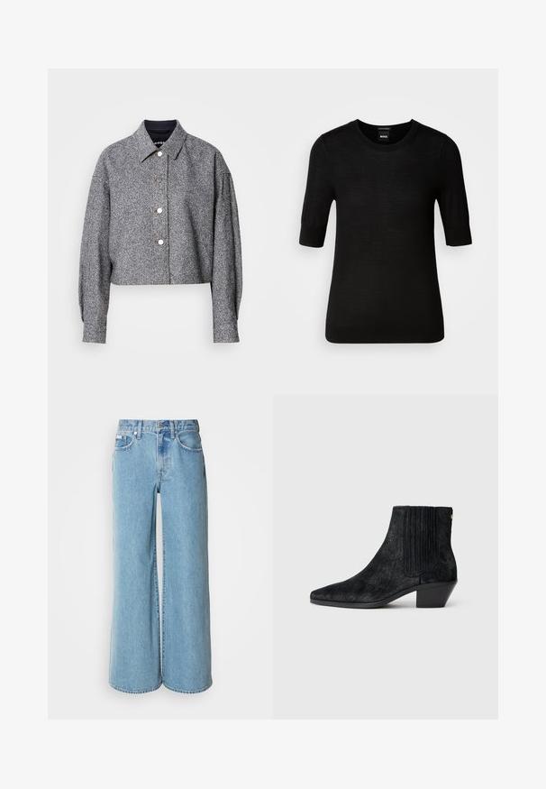 Veste grise courte en tissu texturé avec un motif subtil ; comporte un col pointu, des manches longues et des boutons-pression argentés.; Pull noir à manches courtes en laine mérino fine. Encolure ronde, coupe ajustée, texture lisse, design minimal, sans motifs ni accents visibles.; Jean large bleu clair en denim, avec une taille haute, un design à cinq poches et un léger dégradé sur le tissu.; Bottine noire à bout pointu, en matériau texturé imitant les cheveux, avec un panneau latéral à nervures et un petit talon carré. Un design simple et moderne.