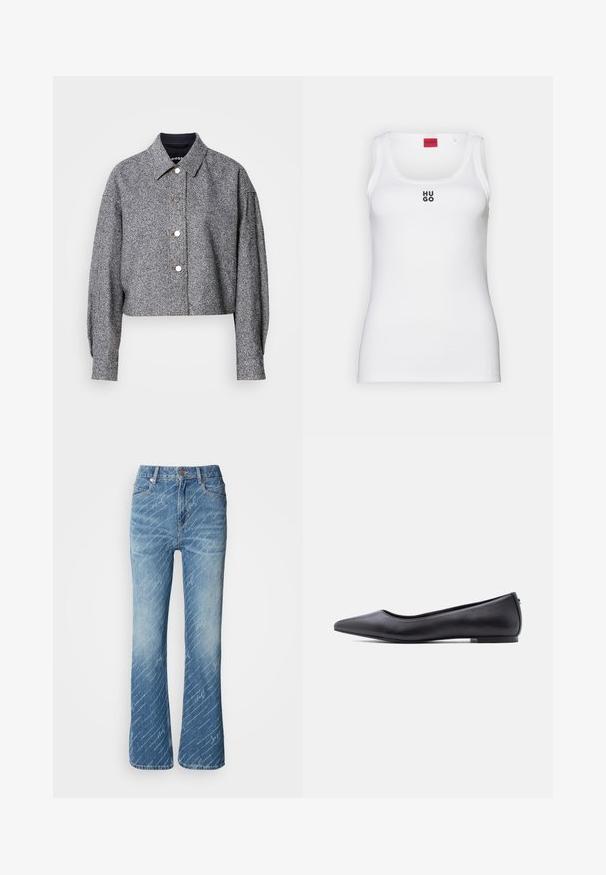 Veste grise courte en tissu texturé avec un motif subtil ; comporte un col pointu, des manches longues et des boutons-pression argentés.; Débardeur blanc en coton, avec un design simple, un col rond et un logo "HUGO" noir au centre. Texture lisse.; Jean en denim bleu évasé avec un délavage léger, motif de texte blanc diagonal, design à cinq poches et fermeture à bouton en métal.; Chaussure plate en cuir noire à bout pointu avec petit talon, vue de profil sur fond blanc.