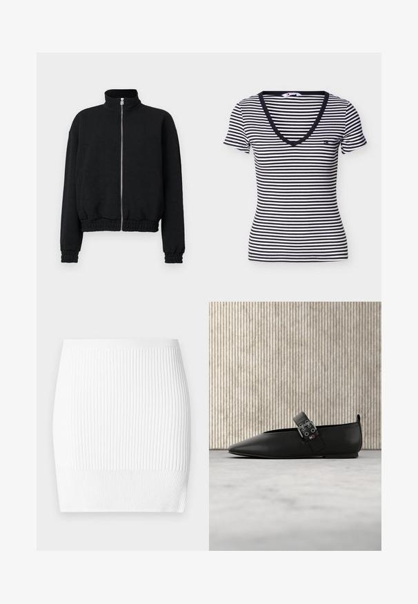 Chaqueta negra con cremallera y cuello alto, puños y dobladillo acanalados, con un patrón texturizado y cremallera plateada.; Camiseta de manga corta con rayas horizontales en blanco y negro, cuello en V y pequeño logo en el lado izquierdo del pecho.; Mini falda blanca de punto con textura acanalada vertical, cintura elástica suave y silueta ajustada. No presenta detalles adicionales.; Zapato plano de cuero negro con punta puntiaguda y tira lateral, con herrajes plateados. Textura lisa sobre un fondo de alfombra neutra.