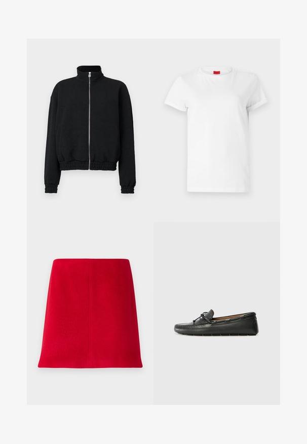 Sort lynlåstrøje med høj krave, ribkant på ærmer og forneden, med tekstureret mønster og sølvfarvet lynlås.; Hvid kortærmet t-shirt lavet af letvægts bomuld. Har en rund halsudskæring og rullede ærmer. Rød logoetiket på kraven.; Rød mini nederdel lavet af struktureret stof med lige snit. Designet har en sømløs front og rene linjer uden udsmykninger.; Sorte læder bådsko med afrundet tå, stikninger, lille sløjfedetalje og gummisål. Glat tekstur og strømlinet design.