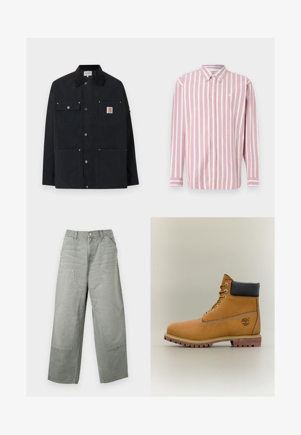 Μαύρο μπουφάν Carhartt με τέσσερις εξωτερικές τσέπες, κλείσιμο με κουμπιά τύπου snap και μαύρο γιακά από κορντουρό, παρουσιασμένο σε λευκό φόντο.; Ριγέ πουκάμισο με κουμπιά σε ροζ και λευκό χρώμα. Διαθέτει γιακά, μακριά μανίκια και μικρό λογότυπο. Κατασκευασμένο από υφαντό ύφασμα.; Χαλαρή, ψηλόμεση γκρι παντελόνα με φαρδιά πόδια, μεγάλες μπροστινές τσέπες με πατς, θηλιές για ζώνη και κλείσιμο με κουμπί.; Καφέ δερμάτινο μποτάκι αστραγάλου με μαύρο γιακά, κίτρινα κορδόνια και ταμπά σόλα. Διαθέτει λογότυπο και λευκή ραφή για λεπτομέρεια. Ανθεκτική εξωτερική σόλα με τραχύ πέλμα.