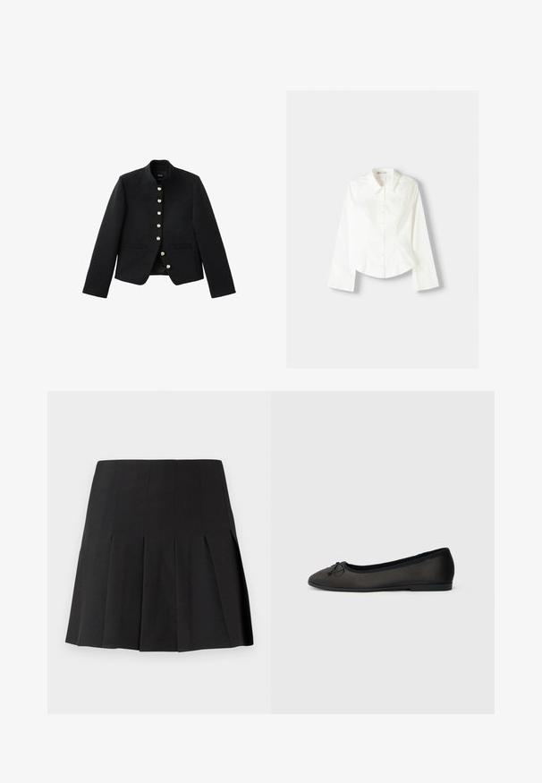 Blazer noir sur mesure avec sept boutons dorés sur le devant et deux poches fendues horizontales, avec un col montant.; Chemise blanche à manches longues en coton. Dotée d'un col pointu, d'une fermeture à boutons sur le devant et d'un ourlet arrondi. Texture lisse, design minimaliste.; Mini-jupe plissée noire en tissu léger. Elle présente une ceinture ajustée et des plis aiguille nets pour un look structuré.; Ballerines noires avec une finition mate lisse, un bout arrondi et un nœud décoratif à l'avant. Elles présentent un talon bas et plat.