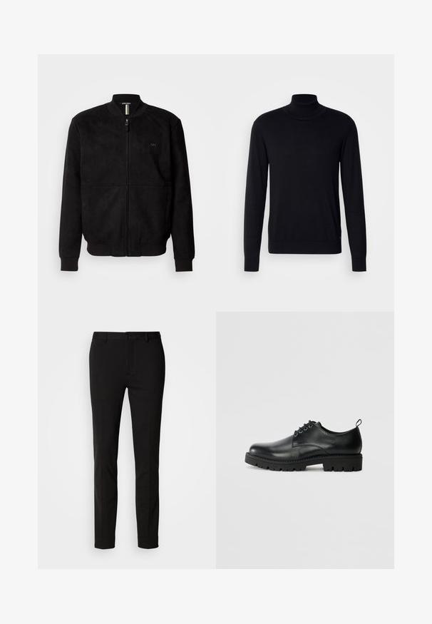 Sort suede bomberjakke med fuld lynlås, ribbede mansjetter og bund, samt et minimalistisk logodetalje på brystet.; Sort tregnet trøje lavet af blødt stof. Har lange ærmer, ribbestrikket krave og manchetter, samt en glat overflade uden mønstre.; Sorte bukser med slim fit, der har knaplukning og bæltestropper. Lavet af glat stof med en let glans, uden synlige mønstre.; Sort læder sko med en rund tå, der har snørelukning, solid sort gummisål og en lille hælflap bagpå.