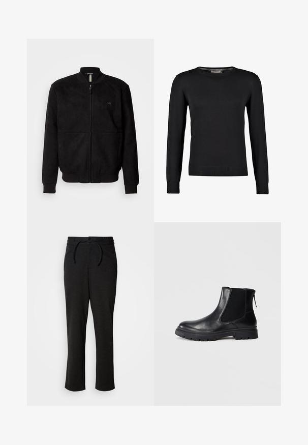 Sort suede bomberjakke med fuld lynlås, ribbede mansjetter og bund, samt et minimalistisk logodetalje på brystet.; Sort strikket sweater med lange ærmer, rund halsudskæring samt ribbede manchetter og bund. Glat tekstur og tætsiddende design.; Sorte strikbukser med snoreliv, lige ben og sidelommer. Blød tekstur med en glat overflade.; Sort læderankelstøvle med en glat overflade, elastiske mesh-sider og en robust sål med synligt mønster.