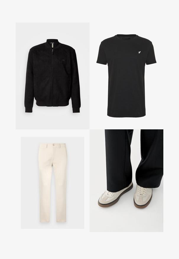 Sort suede bomberjakke med fuld lynlås, ribbede mansjetter og bund, samt et minimalistisk logodetalje på brystet.; Sort kortærmet t-shirt lavet af bomuld, med rund hals og et lille hvidt fuglelogo på venstre brystområde.; Beige bomuldsbukser med lige pasform, der har en enkelt forlommek, knaplukning og subtle syninger.; Fødder iført beige sneakers med brune såler og sorte bukser med vide ben på hvid baggrund.