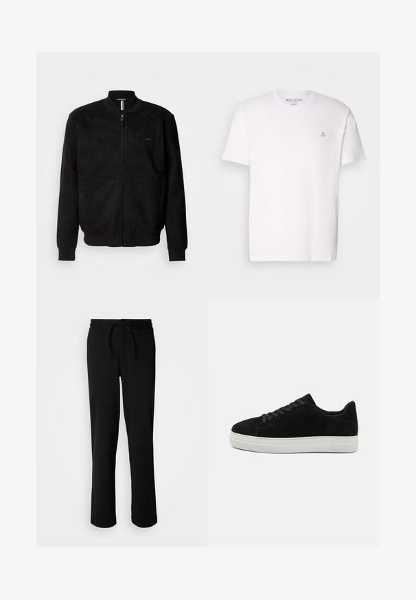 Sort suede bomberjakke med fuld lynlås, ribbede mansjetter og bund, samt et minimalistisk logodetalje på brystet.; Hvid kortærmet t-shirt lavet af bomuld med rund halsudskæring og et lille gråt logo på brystet. Glat tekstur, klassisk pasform.; Sorte sweatpants med snor i taljen, lavet af blødt og strækbart stof. Har en afslappet pasform med lige ben og uden synlige lommer.; Sort ruskinds sneaker med hvid gummisål, rund tå og sorte snørebånd. Glat tekstur med minimalistisk design og ingen synlige mønstre.