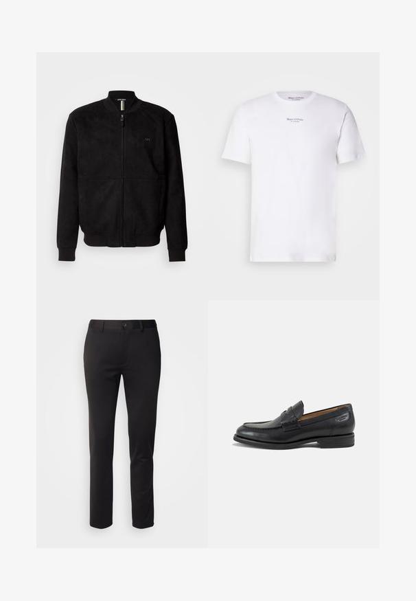 Sort suede bomberjakke med fuld lynlås, ribbede mansjetter og bund, samt et minimalistisk logodetalje på brystet.; Hvid kortærmet t-shirt lavet af bomuld med rund hals. Fås med "Marc O'Polo" logo i sort på brystet. Glat tekstur, minimalistisk design.; Sorte bukser i glat stof, med lige ben, frontlukning med knap og bæltestropper, vist på en hvid baggrund.; Sort læder herresko med syninger, lav stakket hæl og en smal rem over overdelen, vist fra siden på en hvid baggrund.