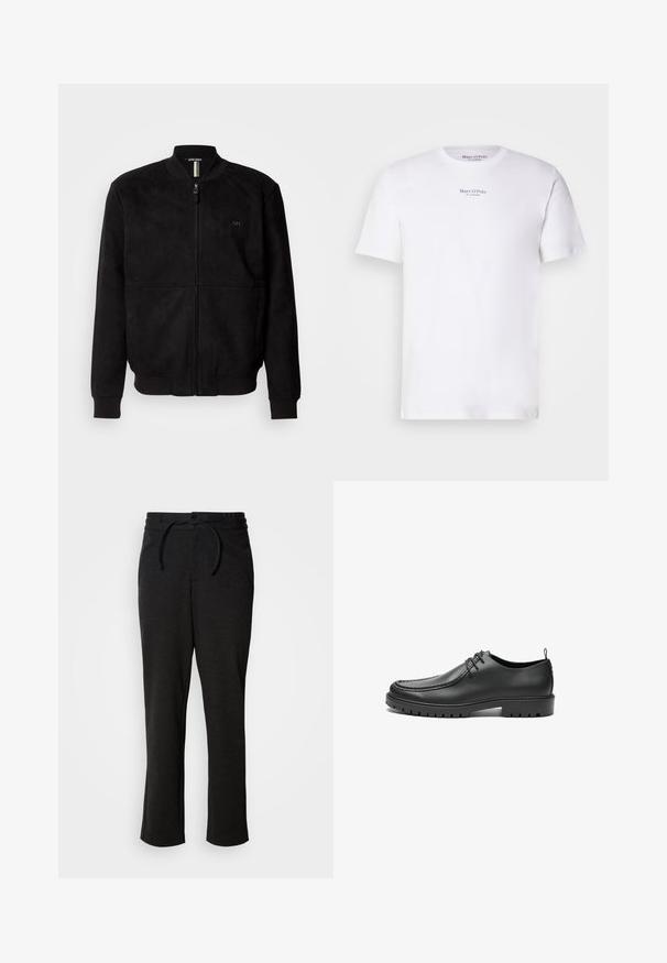 Sort suede bomberjakke med fuld lynlås, ribbede mansjetter og bund, samt et minimalistisk logodetalje på brystet.; Hvid kortærmet t-shirt lavet af bomuld med rund hals. Fås med "Marc O'Polo" logo i sort på brystet. Glat tekstur, minimalistisk design.; Sorte strikbukser med snoreliv, lige ben og sidelommer. Blød tekstur med en glat overflade.; Sorte lædersko med en glat overflade, rund tå og dekorativ stikning. Har en gummisål med skridsikre spor og snørebåndsdesign.