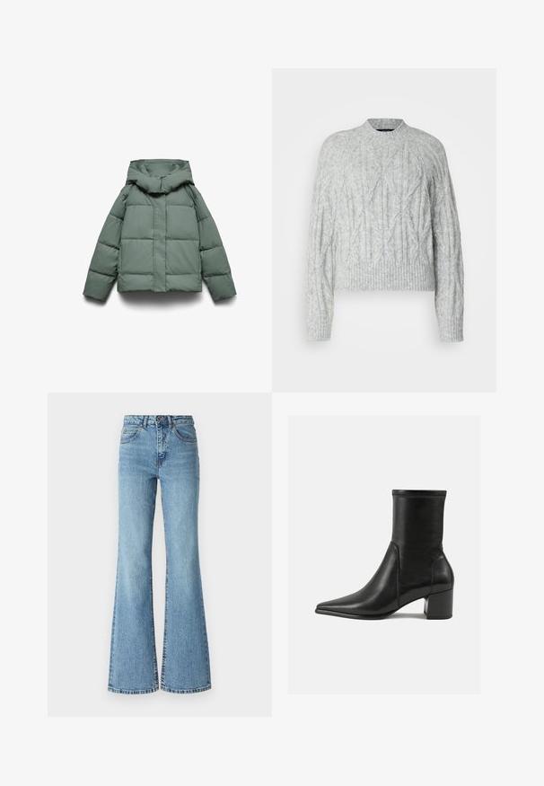 Grøn dunjakke med en bred hætte, kendetegnet ved en boxy form, quiltet tekstur og en lynlåslukning foran. Ingen synligt metal eller mønstre.; Vero Moda Tall VMBAILY HIGHNECK - Striktrøje - light grey melange; Lysblå flared denimjeans med høj talje, der har kontrastsyninger og en rå kant i bunden. Et klassisk design.; Sorte ankelstøvler lavet af glat læder, med spids tå, en blokhæl og markant hævet syning ved den øverste kant.