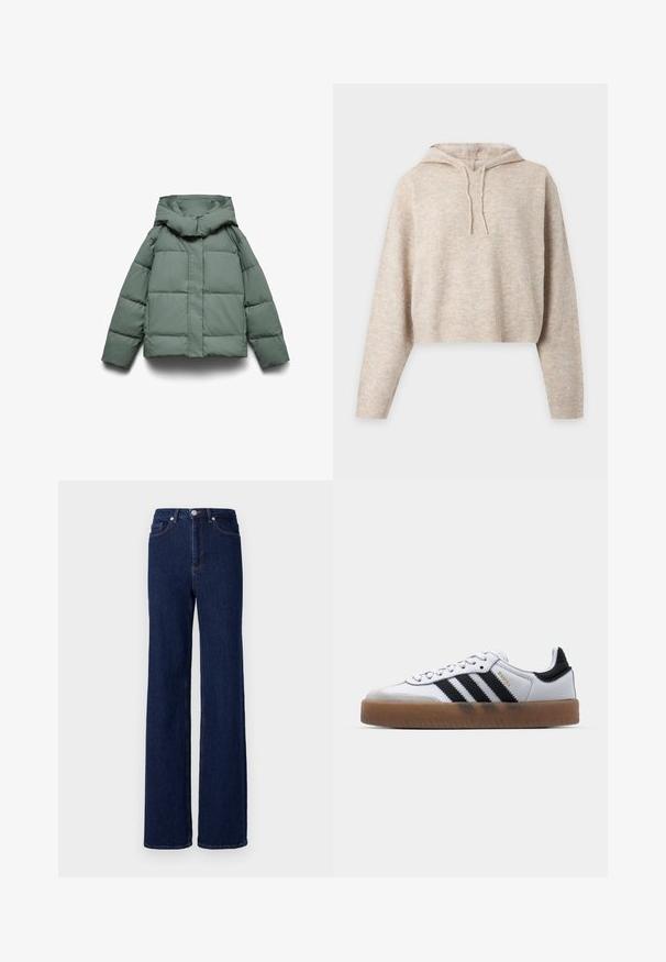 Grøn dunjakke med en bred hætte, kendetegnet ved en boxy form, quiltet tekstur og en lynlåslukning foran. Ingen synligt metal eller mønstre.; Beige strikket cropped hættetrøje med lange ærmer og snore, vist på en ensfarvet lys baggrund.; Mørkeblå denim jeans med høj talje, bred benudskæring og klassisk fem-pocket design. Afsluttet med kontrastsyning og en metalknap.; Hvide lædersneakers med sorte striber, gummirubber sål, rund tå, snørelukning og blød grå ruskinds tåhætte.