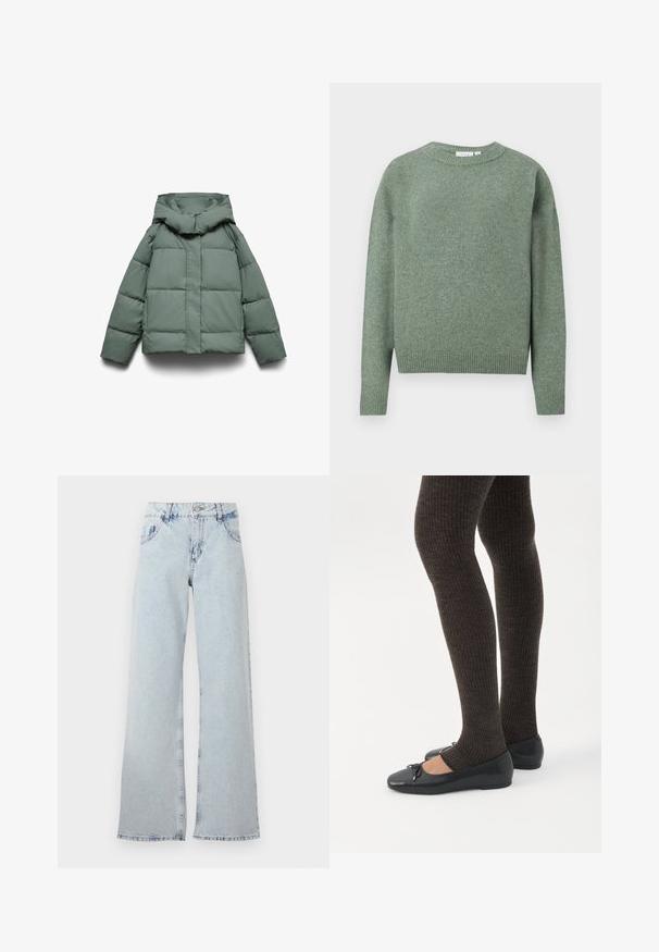 Groene pufferjas met een brede capuchon, met een vierkante vorm, gewatteerde textuur en een ritssluiting aan de voorkant. Geen zichtbare hardware of patronen.; Zacht groene gebreide trui met lange mouwen, ronde hals en geribde boorden en zoom, getoond op een eenvoudige witte achtergrond.; Lichtblauwe wijde jeans van denim, met een hoge taille, riemlussen, vijf zakken en vervaagde gebieden voor een vintage uitstraling.; Benen met donkere geribbelde leggings gecombineerd met zwarte ballerina's met kleine strikdetails op een witte achtergrond.